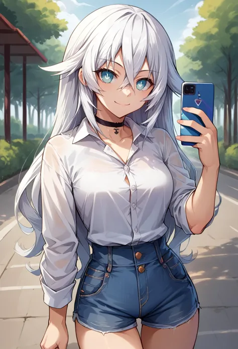 score_9, score_8_up, source_anime, 1girl, solo, BlackHeart, power symbol-shaped pupils, white shirt, dress shirt, black choker, holding cellphone, denim shorts, high-waist shorts, outdoors, smile, <lora:ChamBlackHeartPonyXL:1>