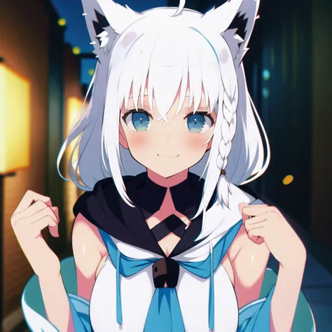 anime girl with white hair and blue eyes in a blue dress