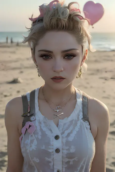 a photo of mdnn  with short blonde hair surrounded by heart balloons close up amazing highly detailed photo, at the beach, sunse...