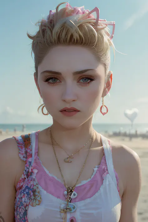 a photo of mdnn  with short blonde hair surrounded by heart balloons close up amazing highly detailed photo, at the beach, sunse...