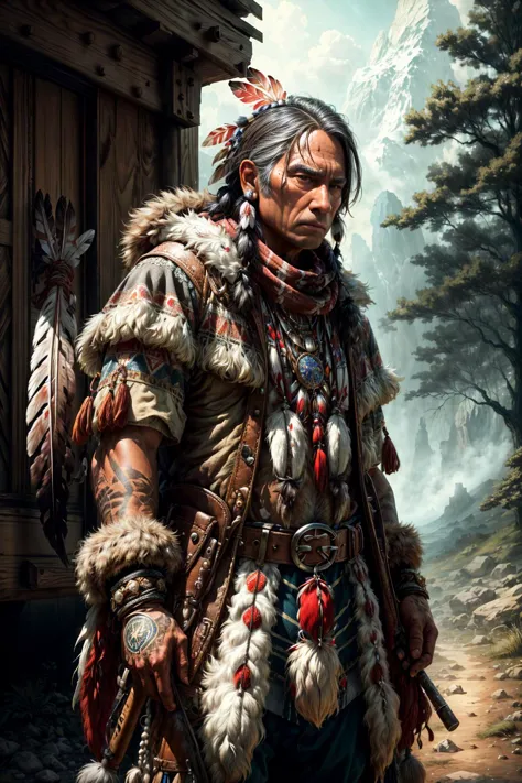 a painting of a native man with a gun and a feathered headdress