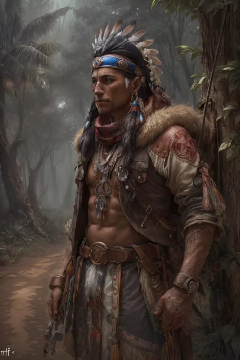 a man in a native outfit standing in the woods