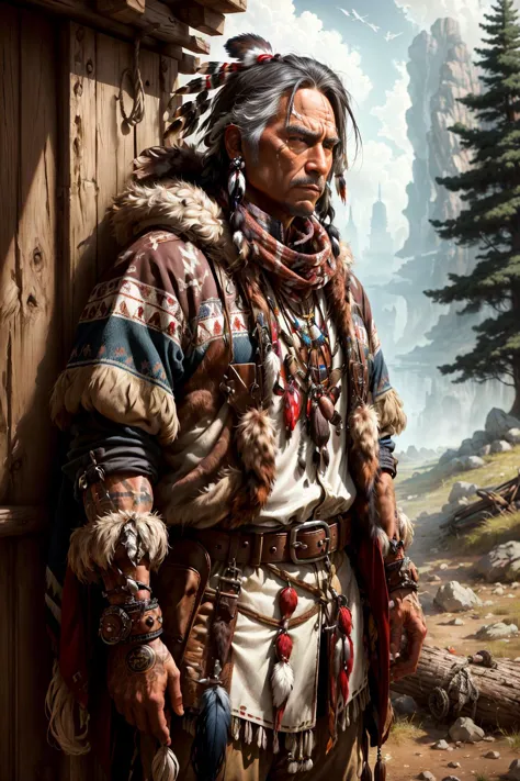 a close up of a man in a native outfit standing near a building