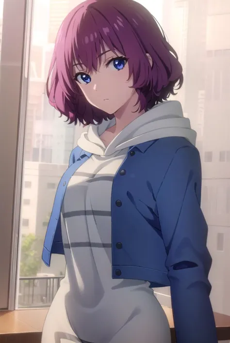 tangrou, <lyco:tangrou-lyco-nochekaiser:1>,
tang rou, short hair, (purple eyes:1.1), purple hair,
BREAK jacket, hood, hoodie, blue jacket, dress,
BREAK indoors,
BREAK looking at viewer, (cowboy shot:1.5),
BREAK <lyco:GoodHands-beta2:1>, (masterpiece:1.2), best quality, high resolution, unity 8k wallpaper, (illustration:0.8), (beautiful detailed eyes:1.6), extremely detailed face, perfect lighting, extremely detailed CG, (perfect hands, perfect anatomy),