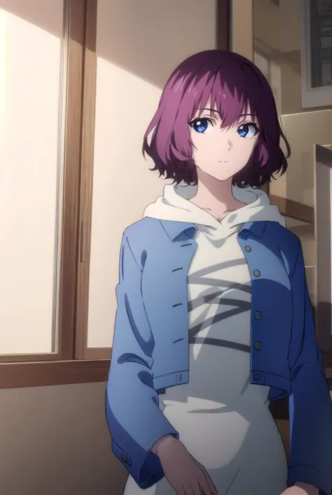 tangrou, <lyco:tangrou-lyco-nochekaiser:1>,
tang rou, short hair, (purple eyes:1.1), purple hair,
BREAK jacket, hood, hoodie, blue jacket, dress,
BREAK indoors,
BREAK looking at viewer, (cowboy shot:1.5),
BREAK <lyco:GoodHands-beta2:1>, (masterpiece:1.2), best quality, high resolution, unity 8k wallpaper, (illustration:0.8), (beautiful detailed eyes:1.6), extremely detailed face, perfect lighting, extremely detailed CG, (perfect hands, perfect anatomy),