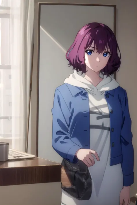 tangrou, <lyco:tangrou-lyco-nochekaiser:1>,
tang rou, short hair, (purple eyes:1.1), purple hair,
BREAK jacket, hood, hoodie, blue jacket, dress,
BREAK indoors,
BREAK looking at viewer, (cowboy shot:1.5),
BREAK <lyco:GoodHands-beta2:1>, (masterpiece:1.2), best quality, high resolution, unity 8k wallpaper, (illustration:0.8), (beautiful detailed eyes:1.6), extremely detailed face, perfect lighting, extremely detailed CG, (perfect hands, perfect anatomy),