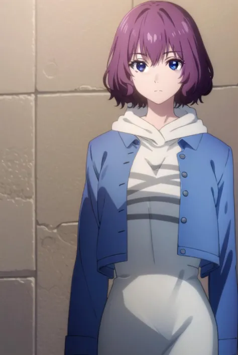 tangrou, <lyco:tangrou-lyco-nochekaiser:1>,
tang rou, short hair, (purple eyes:1.1), purple hair,
break jacket, hood, hoodie, bl...