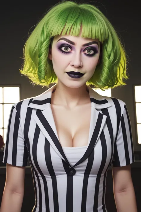 a woman with green hair and a black and white striped top