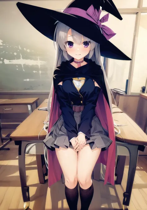 anime girl in a witch costume sitting on a desk in a classroom