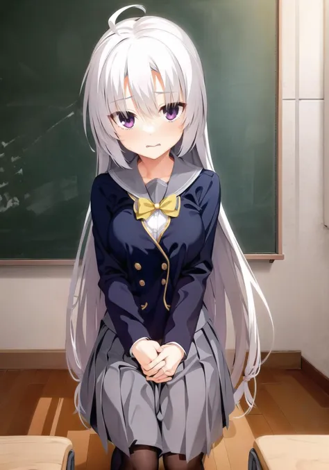 anime girl sitting on a desk in front of a chalkboard