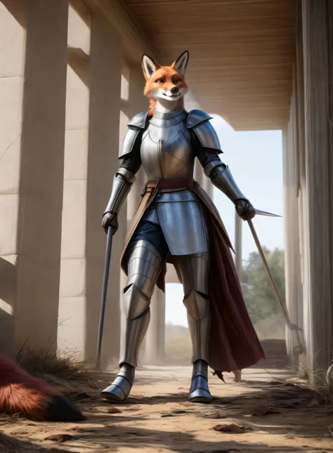 a woman in armor standing next to a fox in a courtyard