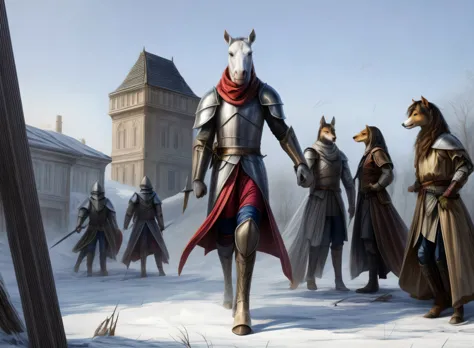 arafed image of a group of knights in a snowy area