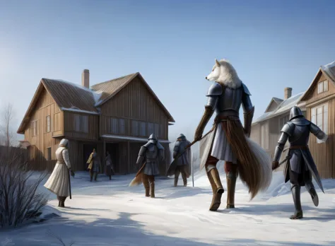 several people in medieval clothing walking in the snow near a building