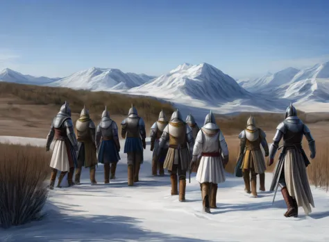 arafed image of a group of knights in full armor walking in the snow