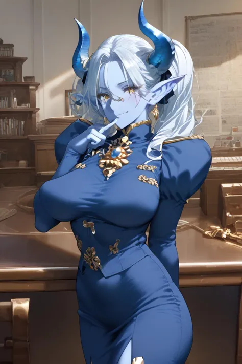 anime girl in blue dress with horns and gold jewelry