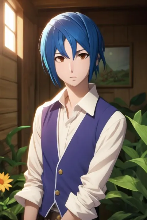 masterpiece, best quality, game cg, 1boy, solo, male focus, looking at viewer, upper body, depth of field, sugata_shindou, blue hair, brown eyes, , A fairytale land where magical creatures live and thrive,