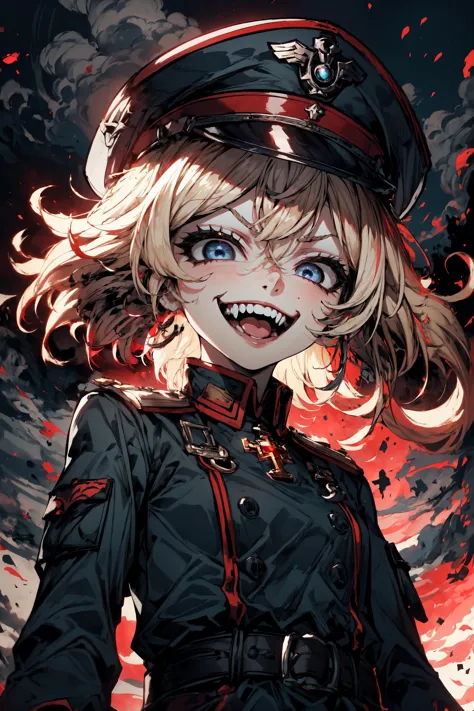 short hair,blonde hair, blue eyes, eyelashes,militar outhit, militar hat,small body,tiny,small boobs,grin widely,(euphoric),euph...
