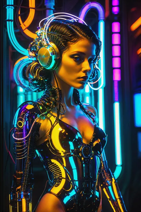 a woman in a futuristic suit with headphones and glowing lights