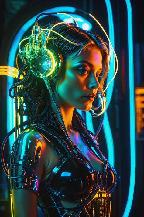 a woman in a futuristic outfit with headphones and glowing lights