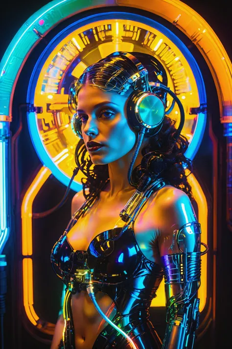 a woman in a futuristic outfit with headphones and a neon clock