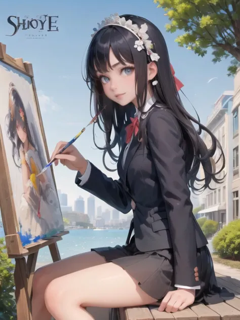 a woman in a school uniform painting a picture on a easel