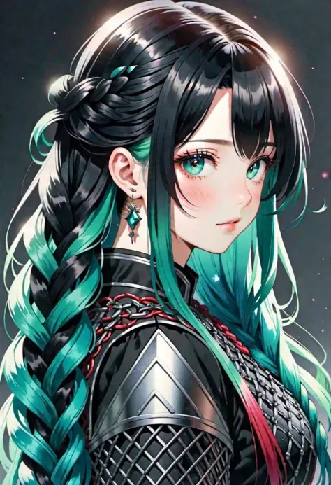 Kawaii adult woman, masterpiece, best quality, high quality, highres, absurdres, black hair in 1 three-strand braid, gradient ha...