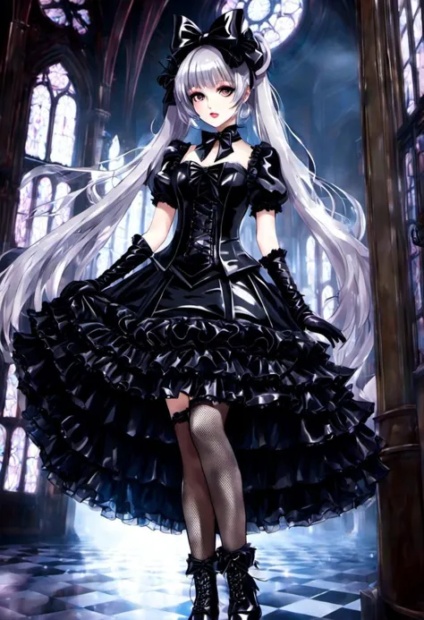 (gothic, gothic lolitafashion, dark persona:1), (corrupted dark magical girl, long hair:1.2), (gothic frilly lolitafashion dress...