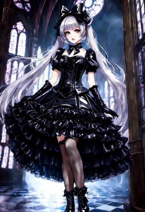 (gothique, gothique lolitafashion, personne sombre:1), (fille magique sombre et corrompue, cheveux longs:1.2), (gothique frilly lolitafashion dress:1.2), (gants en latex, robe multicouche:1), (vêtements translucides brillants, tissu en latex huileux et brillant:1.1), rétroéclairage, (gothiquelolita boots, chaussures, bas résille:1.2), (beaucoup de fioritures, Grand arc, dentelle:1.3), (lèvres brillantes, Le fard à paupières, mascara, maquillage sombre:1.2), (assis sur un canapé en latex:1.3), (sombre:1.1),