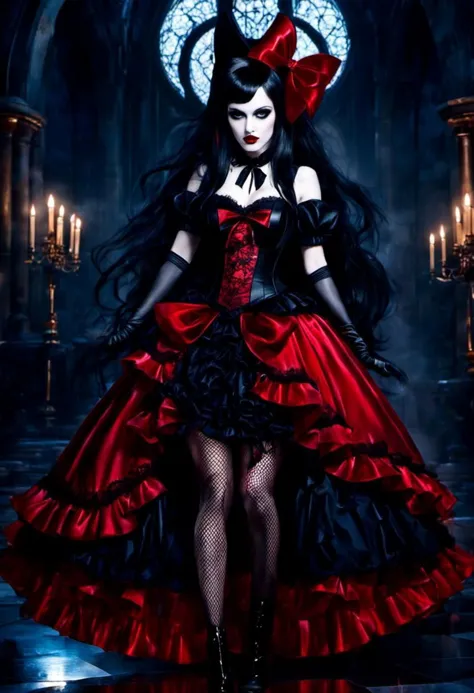 (cinematic vampire film style, dark persona, alice in wonderland style:1), (Alice, long hair:1.2), (gothic vampire wonderland dr...