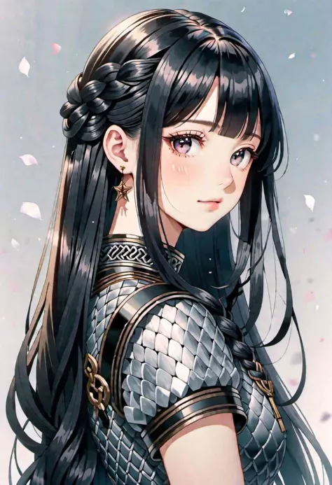 a woman with long black hair and a braid in her hair