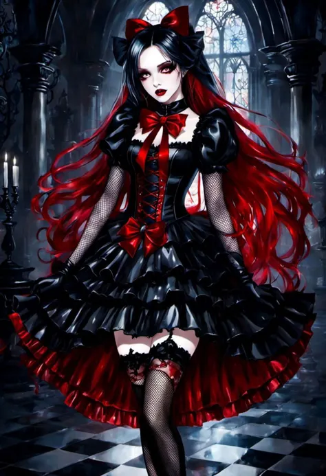 (vampire style, dark persona, alice in wonderland style:1), (Alice, long hair:1.2), (gothic vampire wonderland dress:1.2), (late...