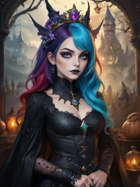 award-winning photography of 1girl, posing for a photo shoot, beautiful, fantastical two toned colorful hair, gothic make up, we...