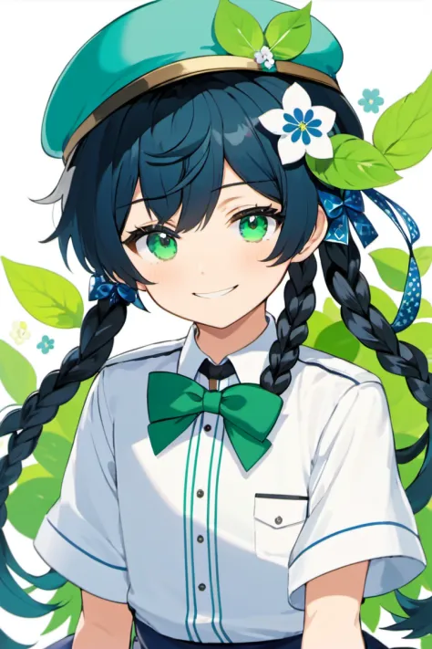 1boy, Venti, Genshin Impact, :d, bangs, beret, black hair, blue eyes, blue hair, blush, bow, bowtie, braid, flower, frills,green eyes, green headwear, hair flower, hair ornament, hand on own face, hat, hat flower, leaf, long hair, looking at viewer, male focus, open mouth, otoko no ko, shirt, short sleeves, smile, solo, twin braids, upper body, white background, white shirt