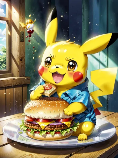 pikachu eating a hamburger