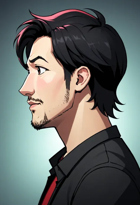 Markiplier, studio anime, in the style of Duskfallcrew and Earthnicity, dutch angle, profile, from the side