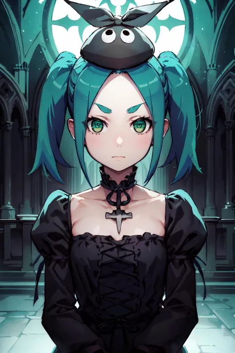 gothicpunkai, 1girl, solo, looking at viewer,
ononokiyotsugi, aqua hair, short hair, green eyes, twintails, thick eyebrows, expressionless, closed mouth, collarbone, choker,
black dress, gothic outfit, puffy sleeves, long sleeves, hat, upper body,
gothic architecture, church, dim lighting, light particles, detailed background,
<lora:ononoki-yotsugi-v1:0.8> <lora:GothicPunkAI:0.7>