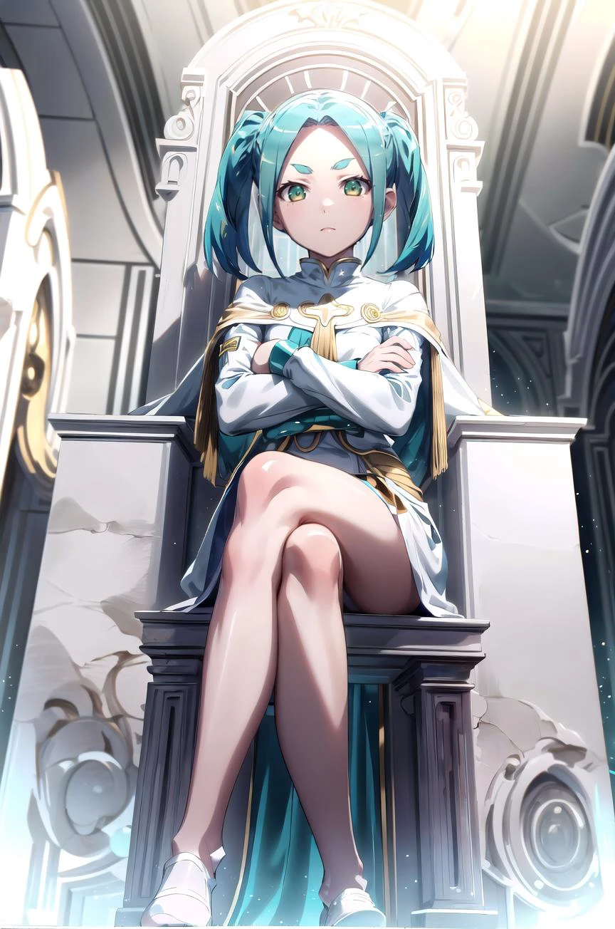(masterpiece, best quality, detailed), 1girl, solo, ononokiyotsugi, aqua hair, short hair, green eyes, twintails, thick eyebrows, looking at viewer, 
neotech, sleek, indoors, throne room, throne, pillar, banner, gold, stone wall, sitting, crossed legs, expressionless