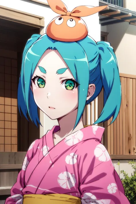 1 Mädchen, Allein, Betrachter betrachten,
ononokiyotsugi, Aqua-Haar, Kurzes Haar, grüne Augen, Zwillingsschwänze, dicke Augenbrauen,
japanische kleidung, Kimono, pink Kimono, hat,
innen, Haus, 
