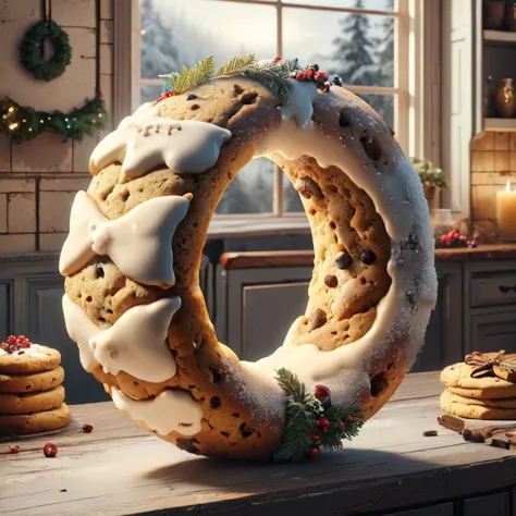 a close up of a doughnut wreath on a table with cookies