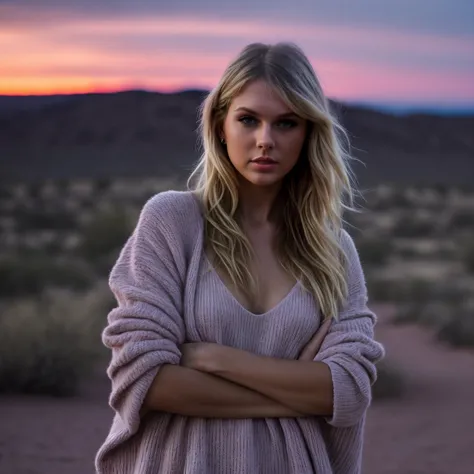 a woman standing in the desert with her arms crossed