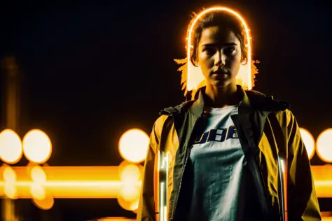 cinematic still shot, [1girl:jenn1f1850:0.5],  tshirt, yellow coat, cyberpunk, desert, sand storm,  midnight, neon light, blader...