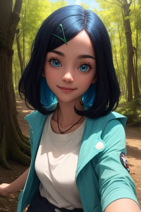 a close up of a person with blue hair and a blue jacket