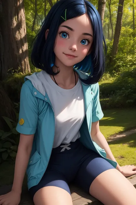 pkmnliko, 1girl, solo, blue eyes, blue hair, medium hair, bangs, hairclip,
white shirt, green jacket, open jacket, short sleeves...