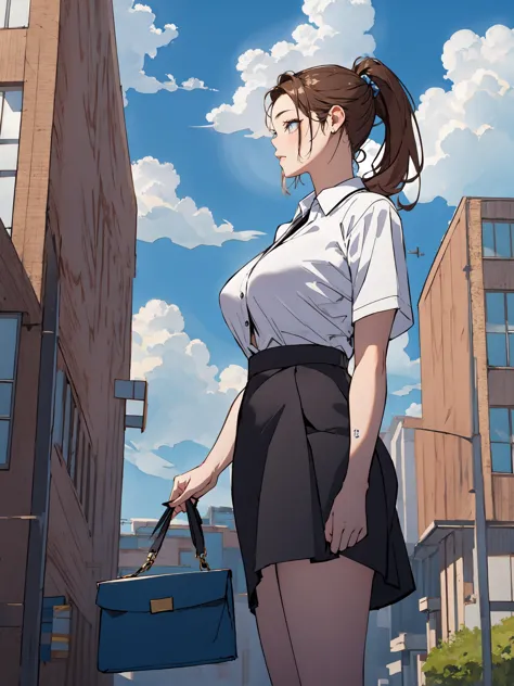 masterpiece, best quality, 1girl, solo, breasts, skirt, large breasts, brown hair, shirt, closed eyes, white shirt, ponytail, short sleeves, sweat, outdoors, parted lips, sky, day, collared shirt, cloud, black skirt, bag, blue sky, lips, building, facing viewer, city, shirt tucked in, office lady