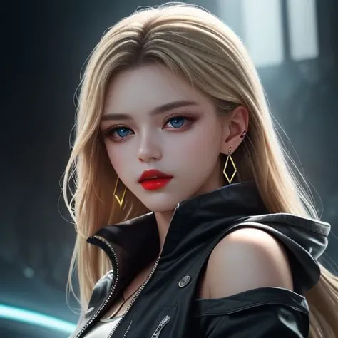 Woman an happy with blue eyes and natural breasts, red lips, blonde layered hair, hair between eyes, wearing black jacket, off shoulder, and adorned with earrings. The image is a masterpiece, ultra high resolution, and photorealistic with skin details, showcasing sharp focus and amazing, finely detailed beauty. The setting features neon lights and an atmospheric perspective, as she looks directly at the viewer.