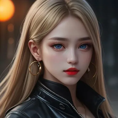 Woman an happy with blue eyes and natural breasts, red lips, blonde layered hair, hair between eyes, wearing black jacket, and adorned with earrings. The image is a masterpiece, ultra high resolution, and photorealistic with skin details, showcasing sharp focus and amazing, finely detailed beauty. The setting features neon lights and an atmospheric perspective, as she looks directly at the viewer.