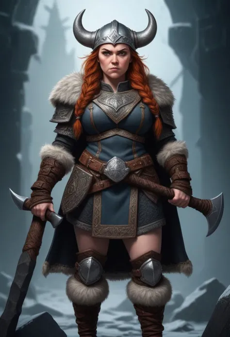 a cute feminine dwarven viking, dressed in stout woolen clothing, with armour, she holds an ornate axe that is larger than herse...