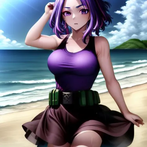 sleeveless shirt, outdoors, wet, solo, purple shirt, close-up, medium hair, building, shirt, hand up, purple hair, cleavage cuto...