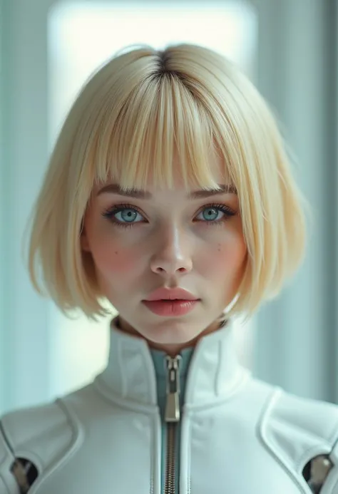 A female android portrait, blonde bobcut, showing a  flawless face with small hints that she is not human