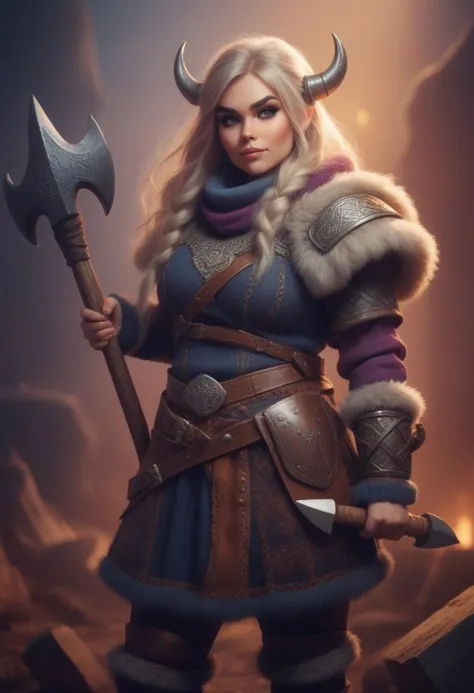 a cute feminine dwarven viking, dressed in stout woolen clothing, with armour, she holds an ornate axe that is larger than herself. She is a bearded seductress.
Fantasy background. high contrast, and saturated colors.